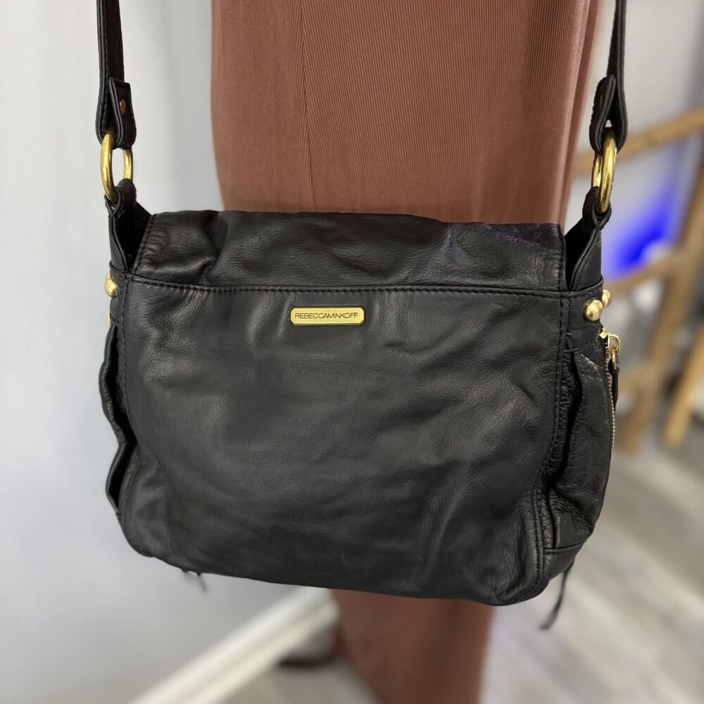 Rebecca Minkoff Beloved Mini Crossbody Bag Black Leather Gold Stud Vintage -FLAW - Picture 3 of 11